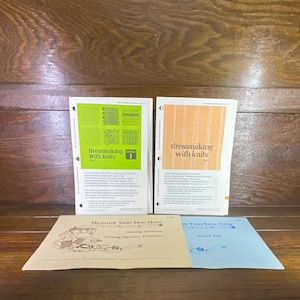 May include: A collection of sewing guides and manuals. Two manuals titled "Dressmaking with Knits" are visible, one with a green background and the other with an orange background. Below are two additional manuals: "Measure Your Sew-How" and "Thread Tips".