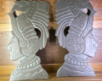 Carved Wood Wall Hangings - Tribal Aztec Warriors - Mayans - Hawaiian - Left & Right Facing Profiles - Dark Stain - Animal - Fish Headdress