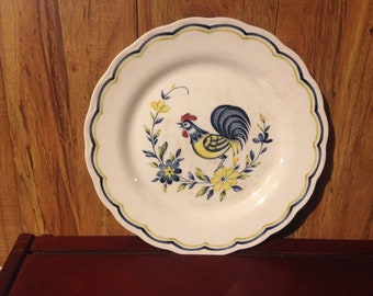 Rooster Chicken Floral Plate Early Bird NIKKO Freezer To Oven Microwave Safe Dishwasher Safe Made in Japan Blue Yellow Red Age Crazing