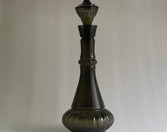 Vintage Smokey Dark Green Genie Bottle 14” Tall - Mid Century Glass Decanter - 1960s Barware Decor