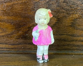 Frozen Charlotte - Kewpie - Penny - Doll - Pink dress - Pink Bow - Holding a doll of her own - 3" Tall - Bisque - Porcelain - Great gift