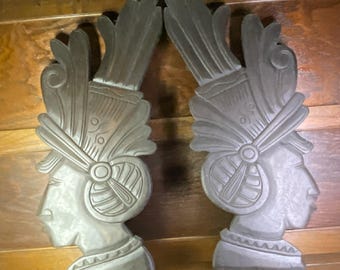 Carved Wood Wall Hangings - Tribal Aztec Warriors - Mayans - Hawaiian - Left & Right Facing Profiles - Dark Stain - Feather Headdress