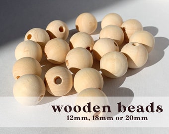 Natural Round Wooden Beads - 12mm, 18mm or 20mm