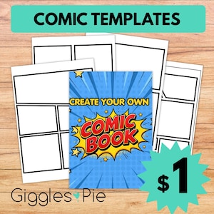 Puede incluir: Plantillas de cómics con paneles en blanco para crear tiras cómicas. La portada de la plantilla de cómic dice "Create Your Own Comic Book" en una fuente de estilo cómic. El texto "Comic Templates" está en la parte superior de la imagen.