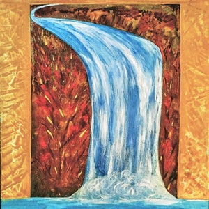 絵画；タイトル「CASCADE D'AUTOMNE」、キャンバスボードに描いた水彩画、表現力豊かな構成、秋の絵画