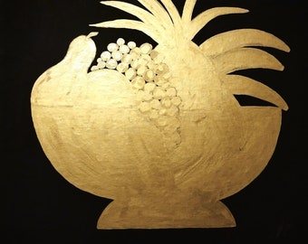 Art Deco Still Life Painting: Gold Fruit Bowl on Black Canvas
