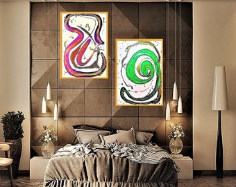 A CONVERSATION, PAINTING, Abstract Expressionism, two pieces, on Canvas Boards, Mixed Media; gold, purple, green,Wall/Home Decor