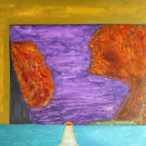 絵画；タイトル「COUCHER de SOLEIL D'AUTHMNE」、水彩画、キャンバスボードに描いた表現構成、秋、水、日没