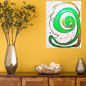 TETE PARLANTE(A), Malerei, abstrakter Ausdruck, Wandkunst, Wohnkultur, Mischtechnik; Grüne Acryl & 18k GoldFarbe