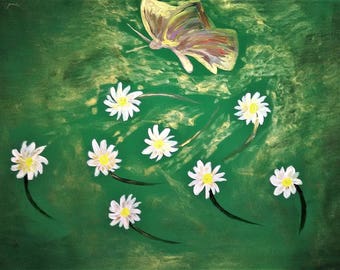 BUTTERFLY & DAISIES - Painting, Astract Expressionism, Acrylic, on Paper