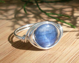 Blue Kyanite Wire Wrapped Ring, Your Size Made-To-Order, Silver-filled Wire Wrapped Ring, Kyanite Gemstone