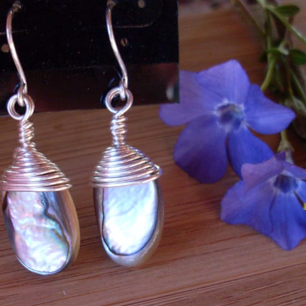 Abalone DANGLE EARRINGS, Silver-filled Wire Wrapped Earrings, Abalone Shell Beige Nacre Gemstone