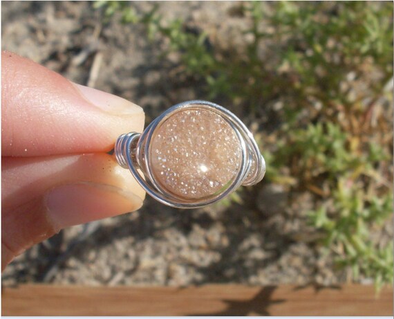 Peach Druzy Quartz, Champagne Gemstone ring,Your Size Made-To-Order, Silver-filled Wire Wrapped Ring