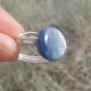 Blue Kyanite Gemstone Ring, Your Size Made-To-Order, Silver-filled Wire Wrapped Ring Deep Blue Glittery Kyanite Gemstone Ring