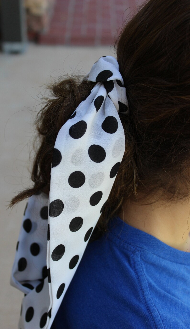 long approx 42 inches long white with black dots 3 inches wide scarf hair ties polka dot perfect hair accessory