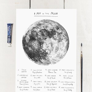 Karte des Mondes A4 Größe - Kunstdruck, Mond Kunst, Mond Illustration, Mond Poster