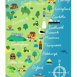 Impression giclée illustrée de la carte du Suffolk A4