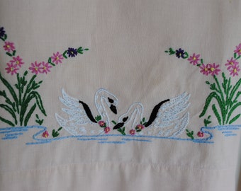 Pink Pillowcases Swans on a Lake Embroidery