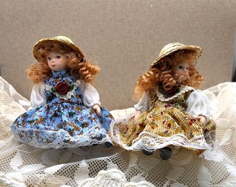 Miniature Twin Porcelain Girls in Colorful Cotton Print Dresses and Straw Hats with Strawberry Hair 4.75" Tall