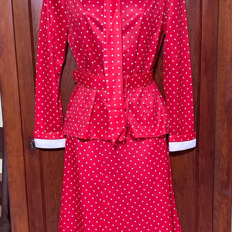 60's/70's Red Orange Polka Dot Sleeveless Button Up and Skirt Set Skirt Suit main image 1
