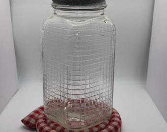 Vintage Square Canning Jar with Waffle Grid Pattern, Zinc Lid