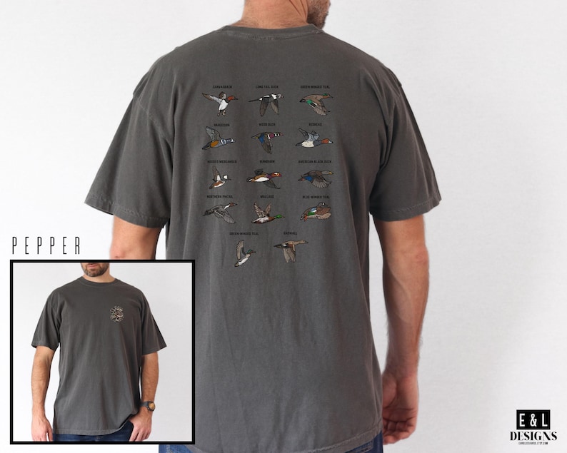 May include: Pepper-colored t-shirt featuring a detailed illustration of various duck species in flight. Each duck is labeled with its name. The shirt has a classic crew neck and short sleeves. The lower left corner shows a smaller image of the shirt.