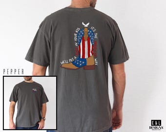 Te daremos una patada en el trasero, camiseta de colores cómodos, camiseta de música country, camiseta del 4 de julio, camiseta patriótica roja, blanca y azul