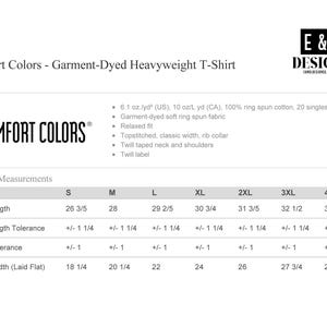 May include: White product information sheet for a Comfort Colors garment-dyed heavyweight T-shirt. The sheet includes the brand logo, product details, and finished measurements in inches for various sizes, including body length and chest width.