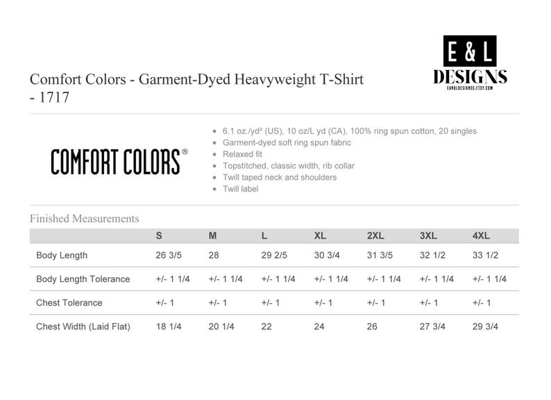 May include: White product information sheet for a Comfort Colors garment-dyed heavyweight T-shirt. The sheet includes the brand logo, product details, and finished measurements in inches for various sizes, including body length and chest width.