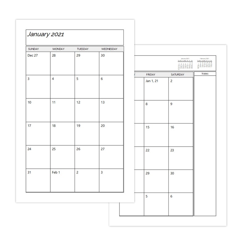 a4 two page per month 2021 monthly calendar printable etsy