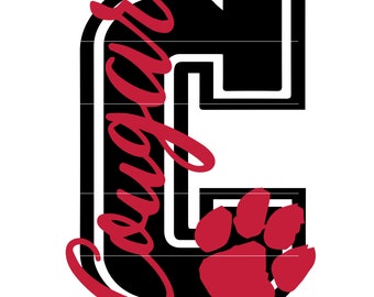 May include: A black and white graphic featuring the letter "C" with the word "Cougar" in red script. A red paw print is at the bottom right. The design is on a white background.