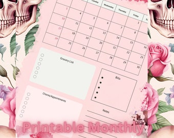 2024 Monthly Planner, Minimalist Planner, Monthly Planner Page, 2024 Calendar, Skull Planner, Goth Planner, Skull Planner