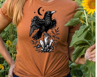 Mystical Raven on Crystals, PNG, Gothic Crow Clipart, Moon & Stars Witchy Boho Design for Cricut and Sublimation