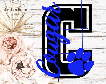 May include: Black and blue graphic design of a letter C with the word "Cougar" written in a cursive font. The letter C has a blue paw print inside.