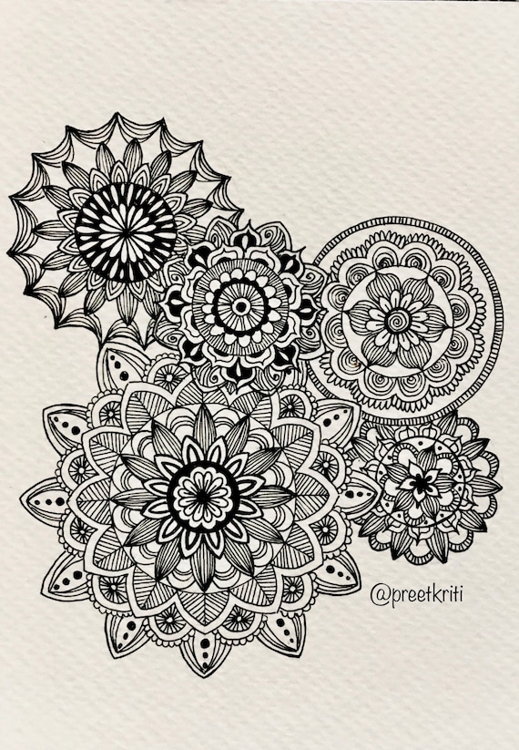 Buy Mandala Original Illustration, Black & White 5 Flower Mandala Drawing,  Small Wall Art for Serene Spaces Online in India 