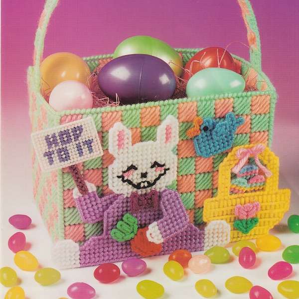 Vintage PDF plastic canvas pattern - Bunny Hop Basket