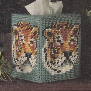 Vintage PDF plastic canvas pattern - tiger tissue box cover