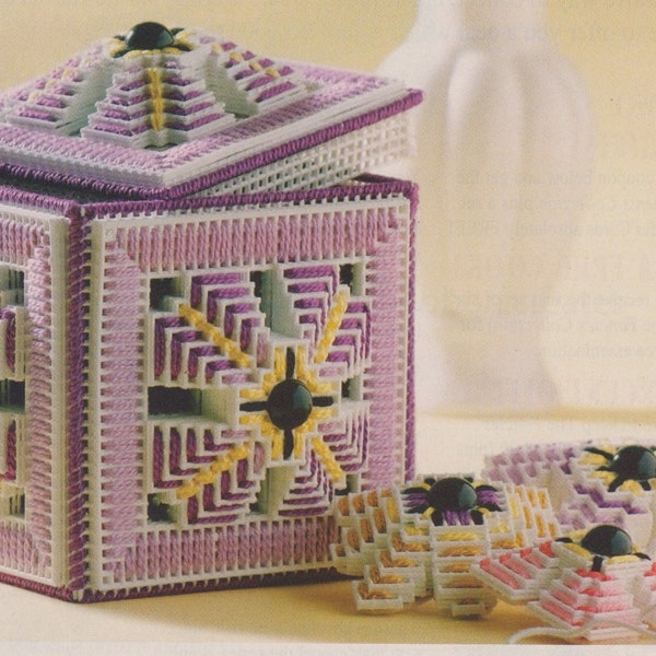 Vintage PDF plastic canvas pattern - Dimensional Flowers and Treasure Box