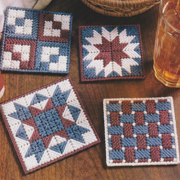 Plastic canvas vintage PDF pattern - patriotic patchwork coasters