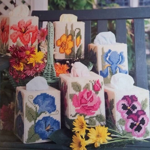 Vintage PDF plastic canvas pattern  - floral tissue box covers