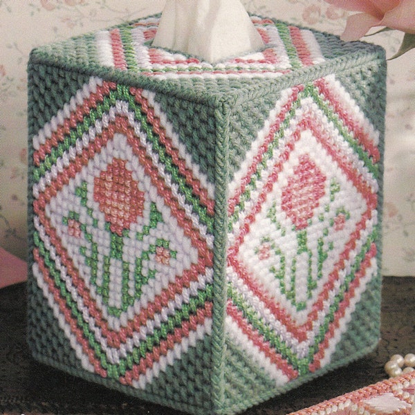 Vintage PDF plastic canvas pattern - rose tissue box cover
