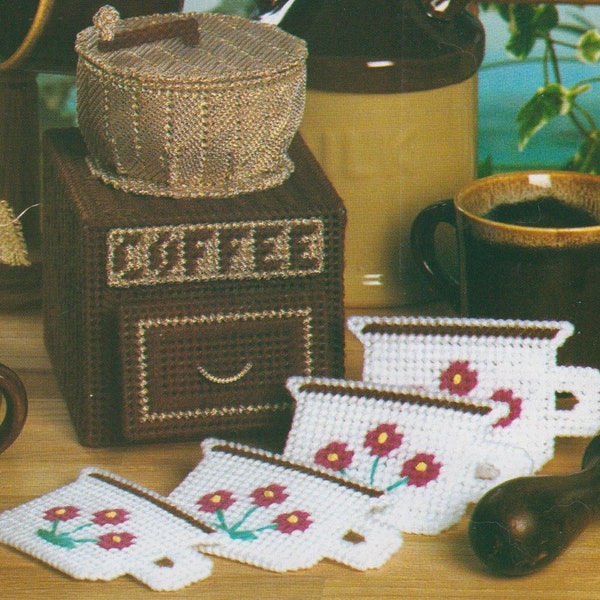 Vintage PDF plastic canvas pattern - Coffee Mill Coaster Set