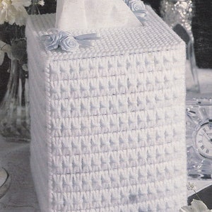 Vintage PDF plastic canvas pattern - ribbon roses tissue box cover