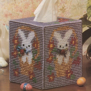 PDF Vintage plastic canvas pattern - bunny-in-a-basket tissue box cover