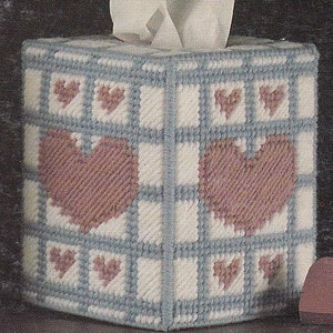 Vintage PDF plastic canvas pattern - heart tissue box cover