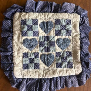 Vintage Handmade Patchwork Pillow Cover Blue Floral Heart Applique Quilted Ruffle Accent Pillow Cottagecore Country Decor