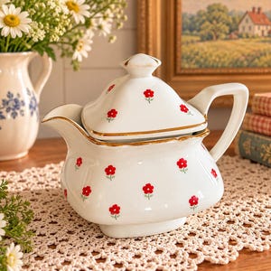 May include: A white ceramic sugar bowl with a lid, featuring a repeating pattern of small red flowers with green stems. The bowl has a square-shaped body with rounded corners, a gold-trimmed rim, and a matching gold-trimmed lid with a finial.