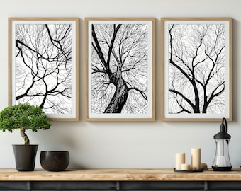 Autumn Line Decoration fall decor Set of 3 Wall Original Artwork Black and White Ink Pen Drawing Printable Pencil Art Abstract Nature
