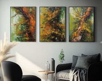 Autumnal Set of 3 Abstract Prints of Tree Details | Fall Decor | Warm Emotional Impasto Oil Paintings | Printable Botanical Wall Art | Trees