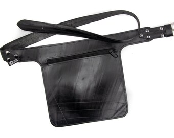 Marsupio nero unisex in camera d'aria riciclata, vegan, con tasca con cerniera e cintura in copertone di bicicletta